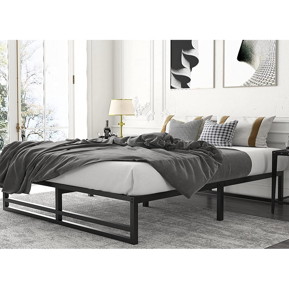 Amolife Queen Size Metal Platform Bed Frame with Solid Wooden Slat