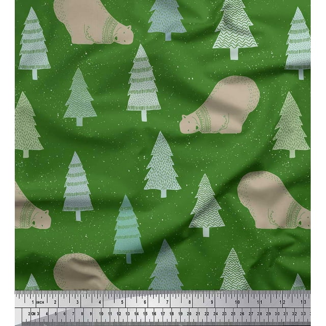Soimoi Green Poly Georgette Fabric Bear & Tree Christmas Print Sewing Fabric Yard 42 Inch Wide
