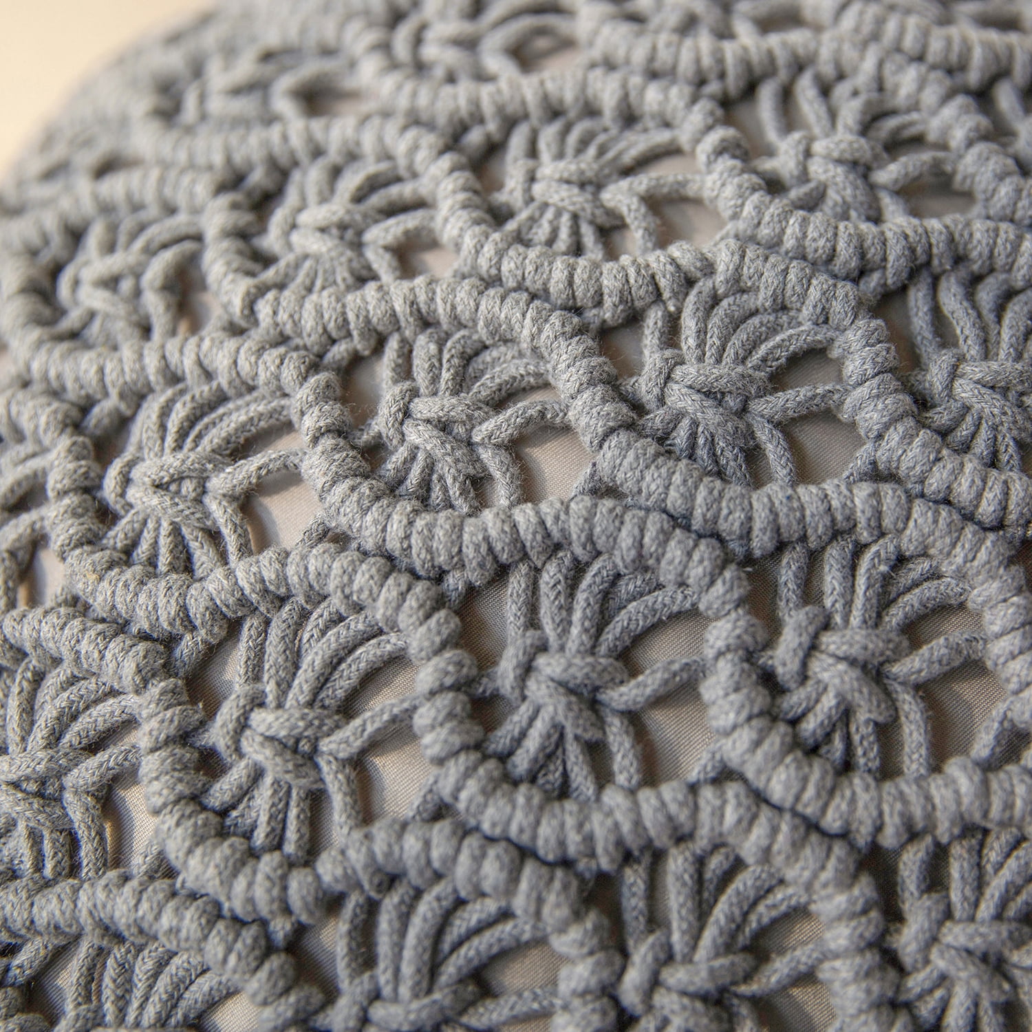 Phantoscope 100% Cotton Handmade Crochet Woven Boho with Tassels Series Decorative Throw Pillow, 16" x 16" Round, Gray, 1 Pack