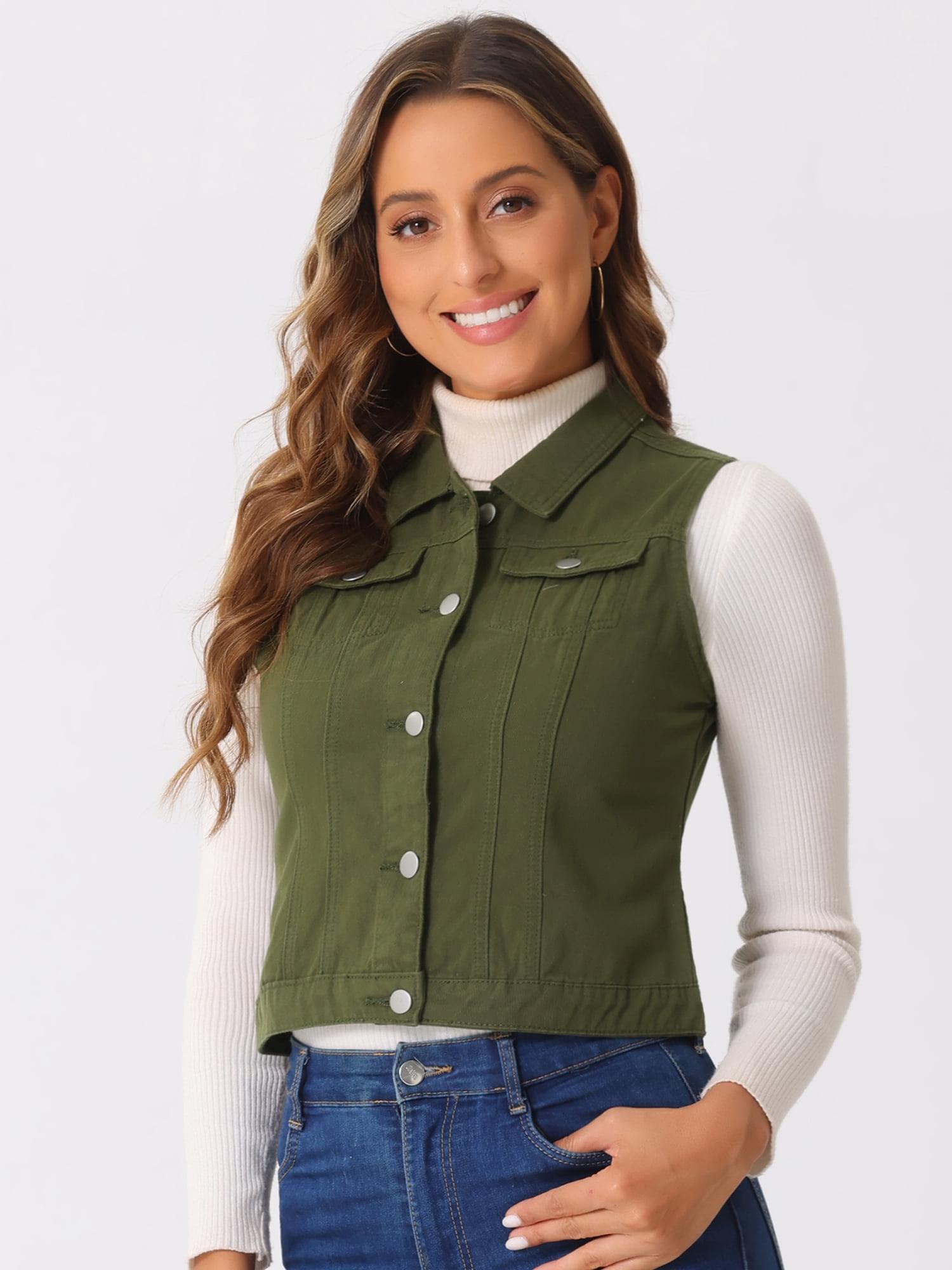 DARING DIVA Women's Denim Sleeveless Flap Pockets Vest Jacket S Army Green