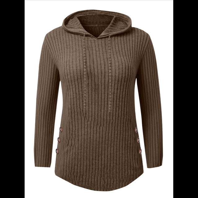 Sudadera con Capucha de Punto Acanalado Suave para Mujer, Suéter de Larga, Sudadera Ligera y Acogedora para Otoño. Marrón L
