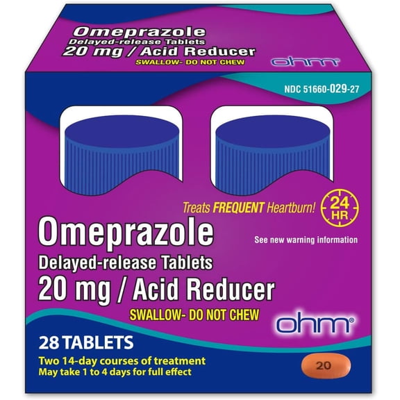 Ohm Omeprazole Delayed-Release Tablets, 20mg Acid Reducer, Treats Frequent Heartburn (4 Weeks of supply, 28, Count)