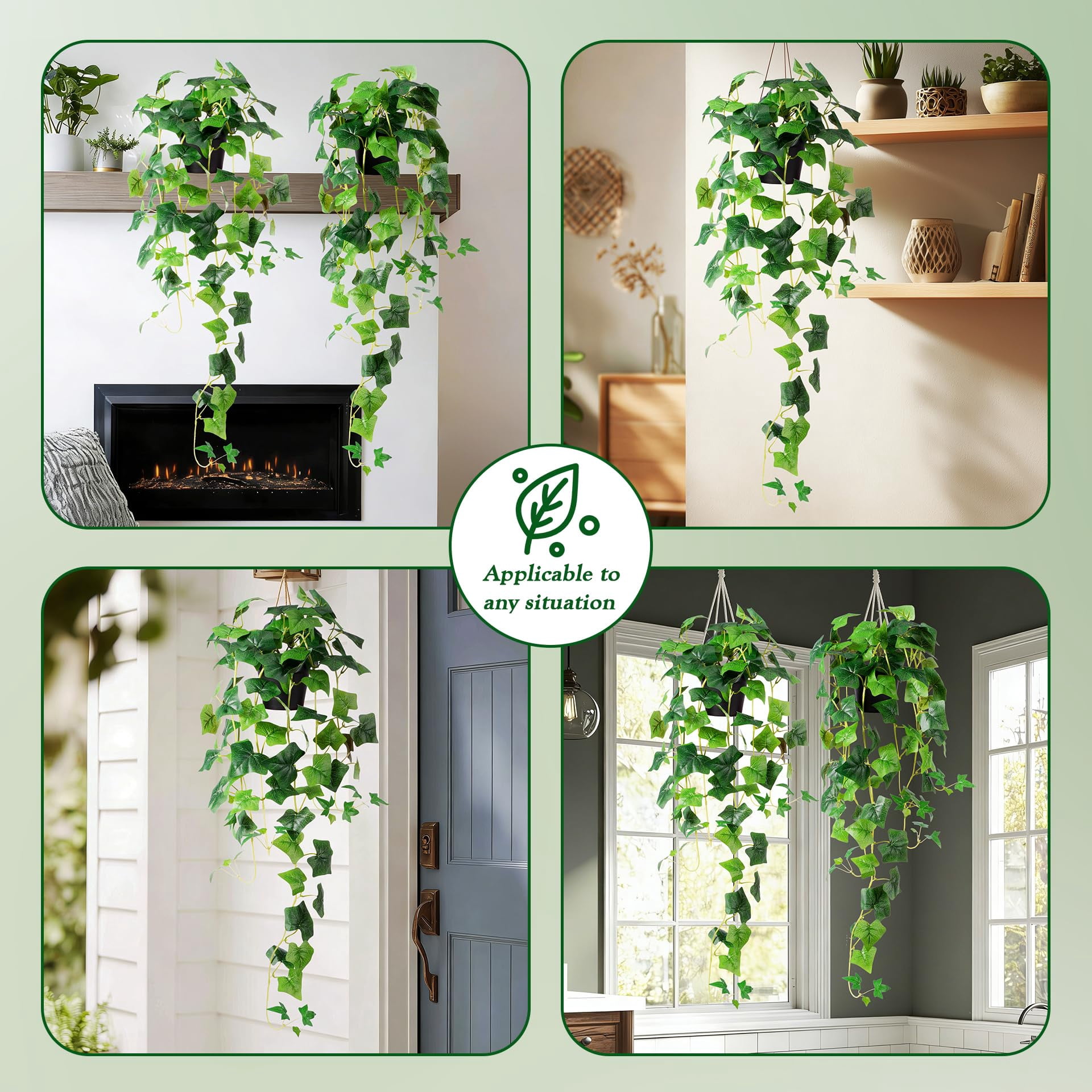 Fake Hanging Plants with Pots - Realistic Artificial Plant for Indoor Outdoor, 33In Silk Fake Potted Plants, 2PC Faux Ivy Vine for Shelf Tabletop Office Decor, Dark Green