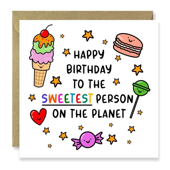 Happy Birthday Card for the Sweetest Person – Cute Ice Cream, Macaron & Candy Design – Blank Inside, Envelope Included – Perfect Birthday Greeting for Friends & Loved Ones
