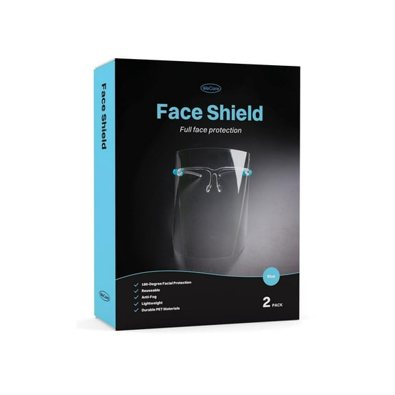 WeCare Face Shield Blue Eyeglasses Frame - Full Face Protection - Pack of 2 (includes Cleaning Cloth)