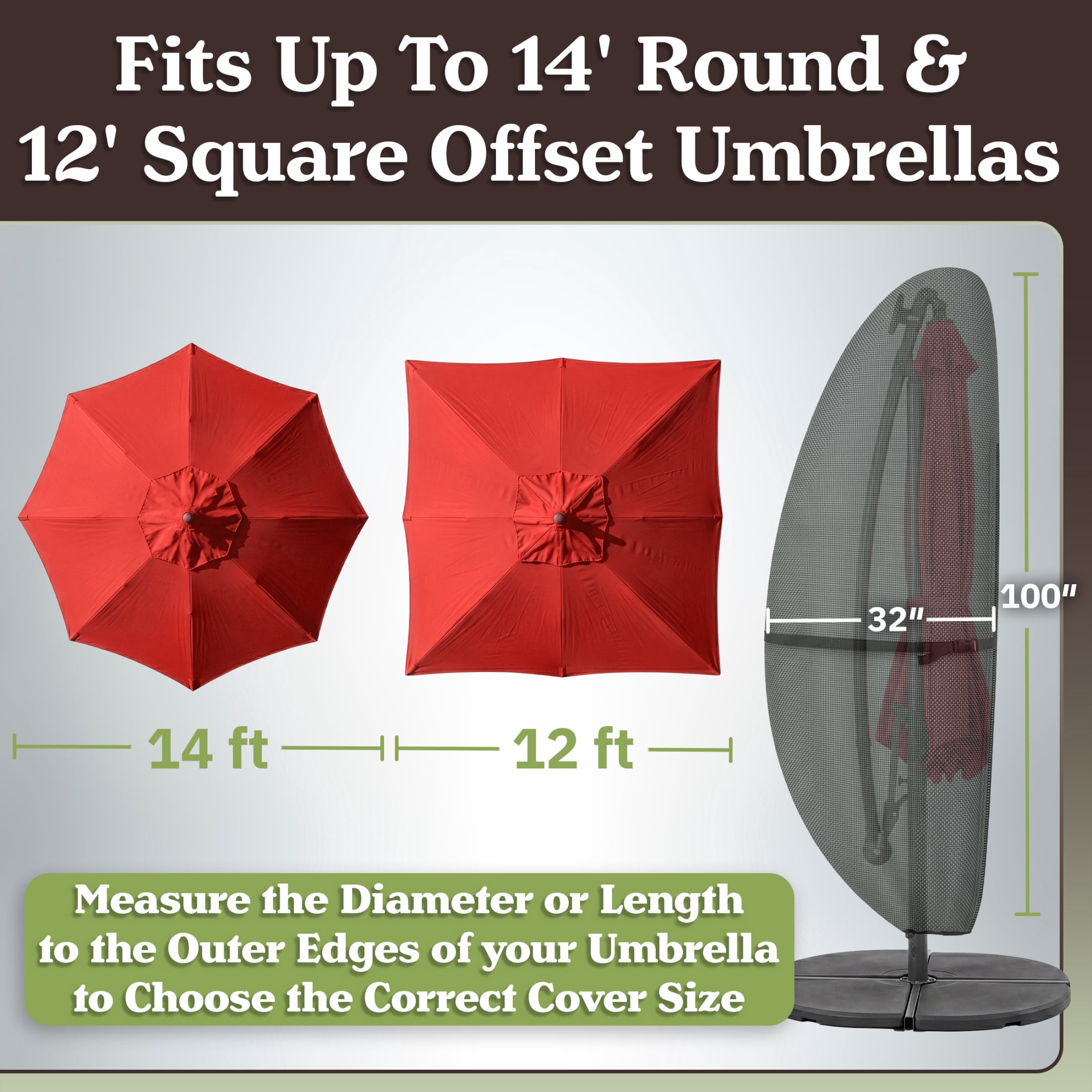 Pure Garden Waterproof 14ft Round or 12ft Square Offset Cantilever Umbrella Cover, Gray