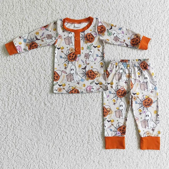 Ropa de dormir de Halloween para niños, conjunto de pantalones de fantasma de calabaza para niños, pijamas para niños, ropa para bebés, ropa para niños, venta al por mayor