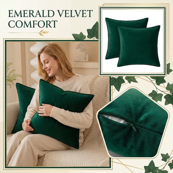 Deep Emerald Green Velvet Pillow Covers Set of 2, Decorative Cushion Covers for Sofa, Bed & Living Room  Soft Texture, Fade-Resistant