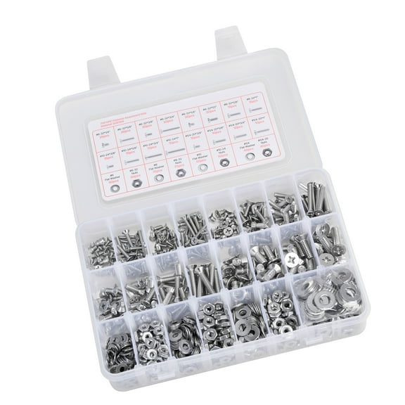 KFFKFF 720-Piece Bolts and Nuts Assortment Kit, Stainless Steel Machine Screws with Flat Washers, Sizes 6-32, 8-32, 10-24, 1/4-20, for Furniture, Equipment, and Vehicle Assembly, Silver