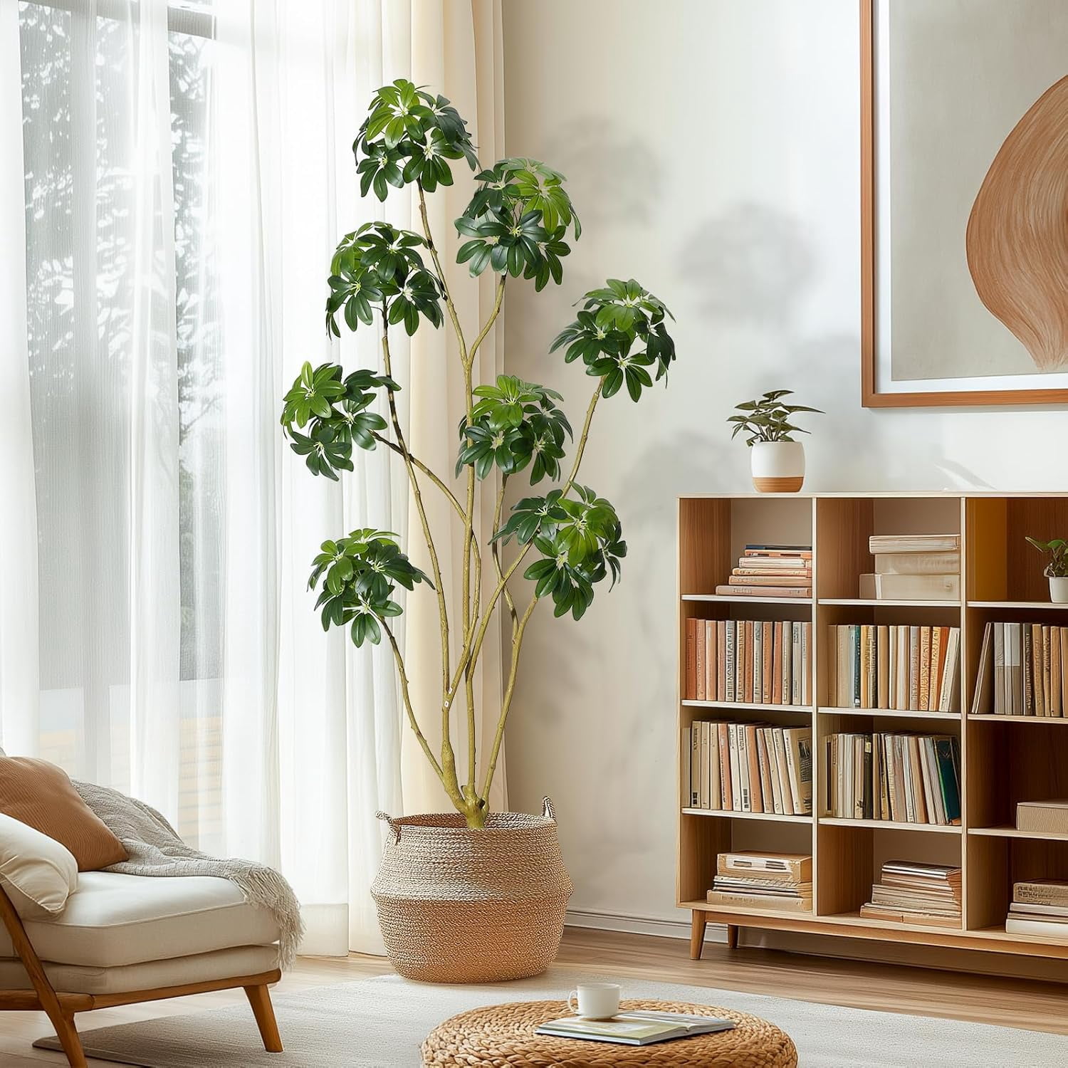 6ft Tall Artificial Umbrella Tree, Fake Indoor Plant with Multiple Trunks, Faux Schefflera Tree in Decorative White Planter, Real Touch Leaves