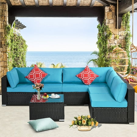 Clearance!Wicker Patio Sets 7 Piece Patio Furniture Sofa Sets 6 Rattan Wicker Chairs and Glass Table All-Weather Patio Conversation Set with Cushions for Backyard Porch Garden Poolside L4481