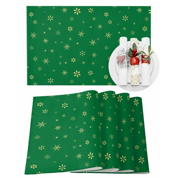 Christmas Placemats Set of 6, Xmas Golden Snowflake Place Mats Snow Green Placemat Table Decoration for Kitchen Table Dinner Xmas Holiday Party Home Decor Indoor Outdoor 13x19 Inch