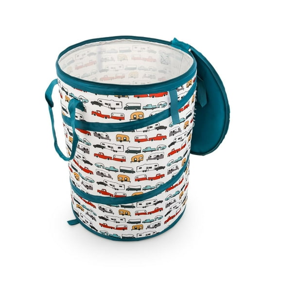 Camco Trash Can 42986 Life Is Better At The Campsite; Round; Collapsible; 18 Inch Diameter x 24 Inch Height; White With RV Print Design