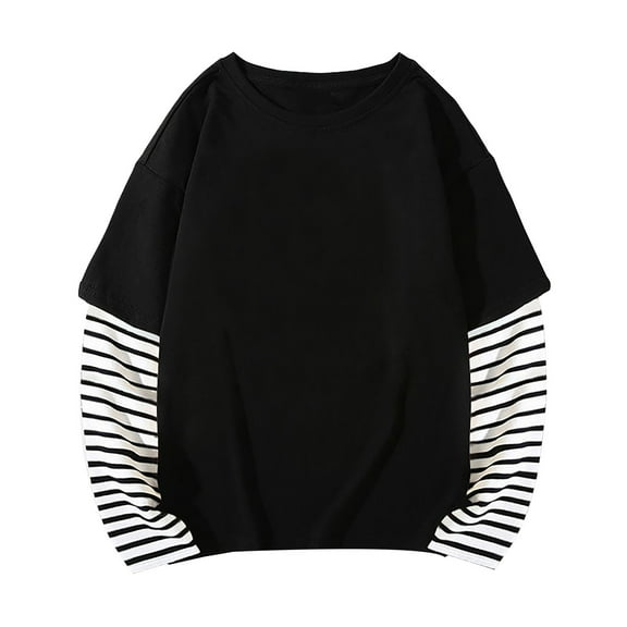 Otqutp 1-10 Years Boys Girls Spring Fall Long Sleeve Cotton False Two PC Striped Top T Shirt Basic Crewneck Striped Tunic Blouses Tops(Black-A,4-5 Years)