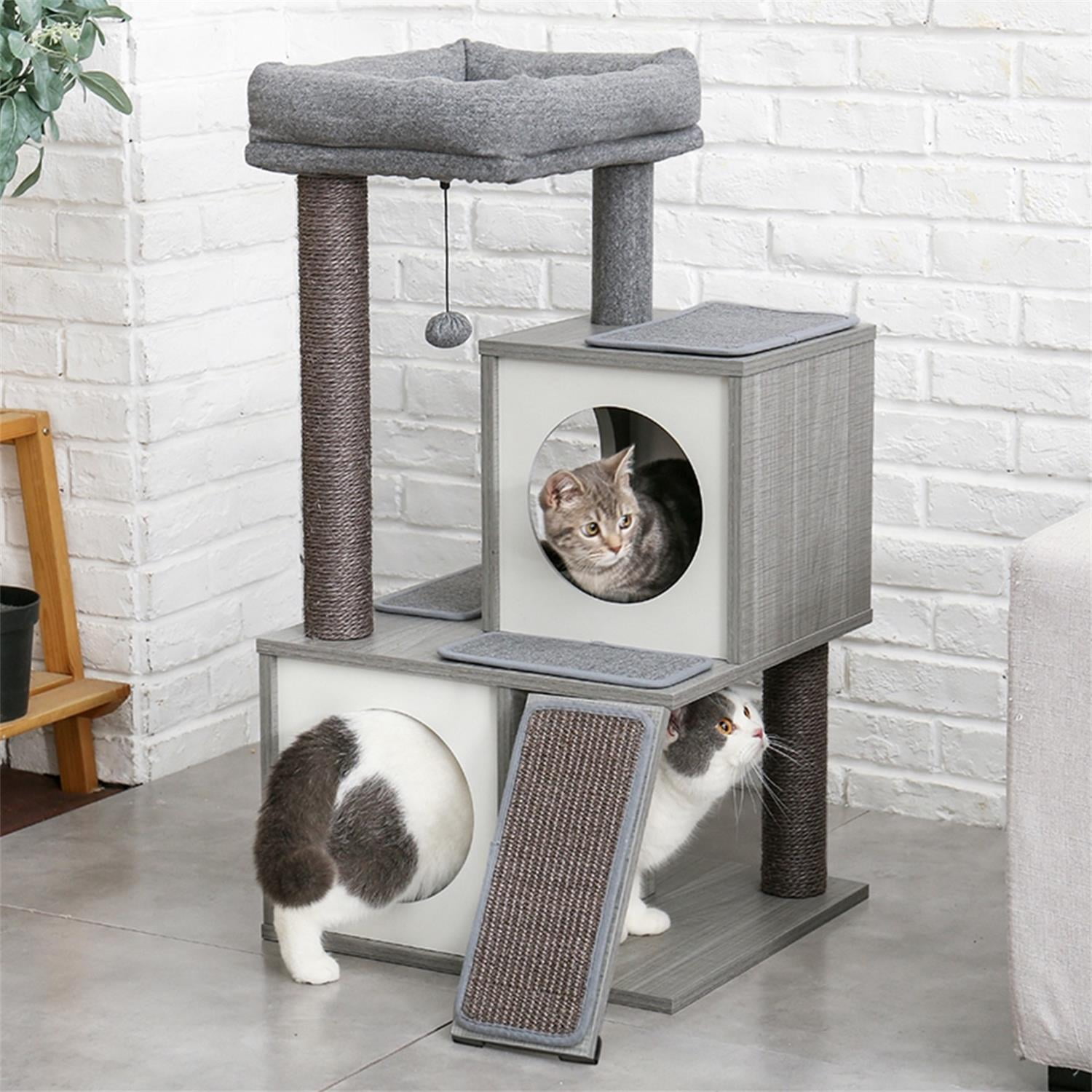 Pefilos 35 Inches Cat Tree Wooden Cat Tower Featuring 2 Super Large Condo, Fully Scratching Posts, and Removable Soft Perches Cat Tree Houses for Indoor Cats and Kittens, Gray Pefilos 35 Inches Cat Tree Wooden Cat Tower Featuring 2 Super Large Condo, Fully Scratching Posts, and Removable Soft Perches Cat Tree Houses for Indoor Cats and Kittens, Gray