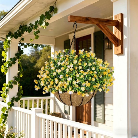 Cesta colgante de flores artificiales – Eucalipto simulado, camelia, palmera para decoración de interiores y exteriores, cesta de plantas artificiales sin mantenimiento para el hogar, jardín
