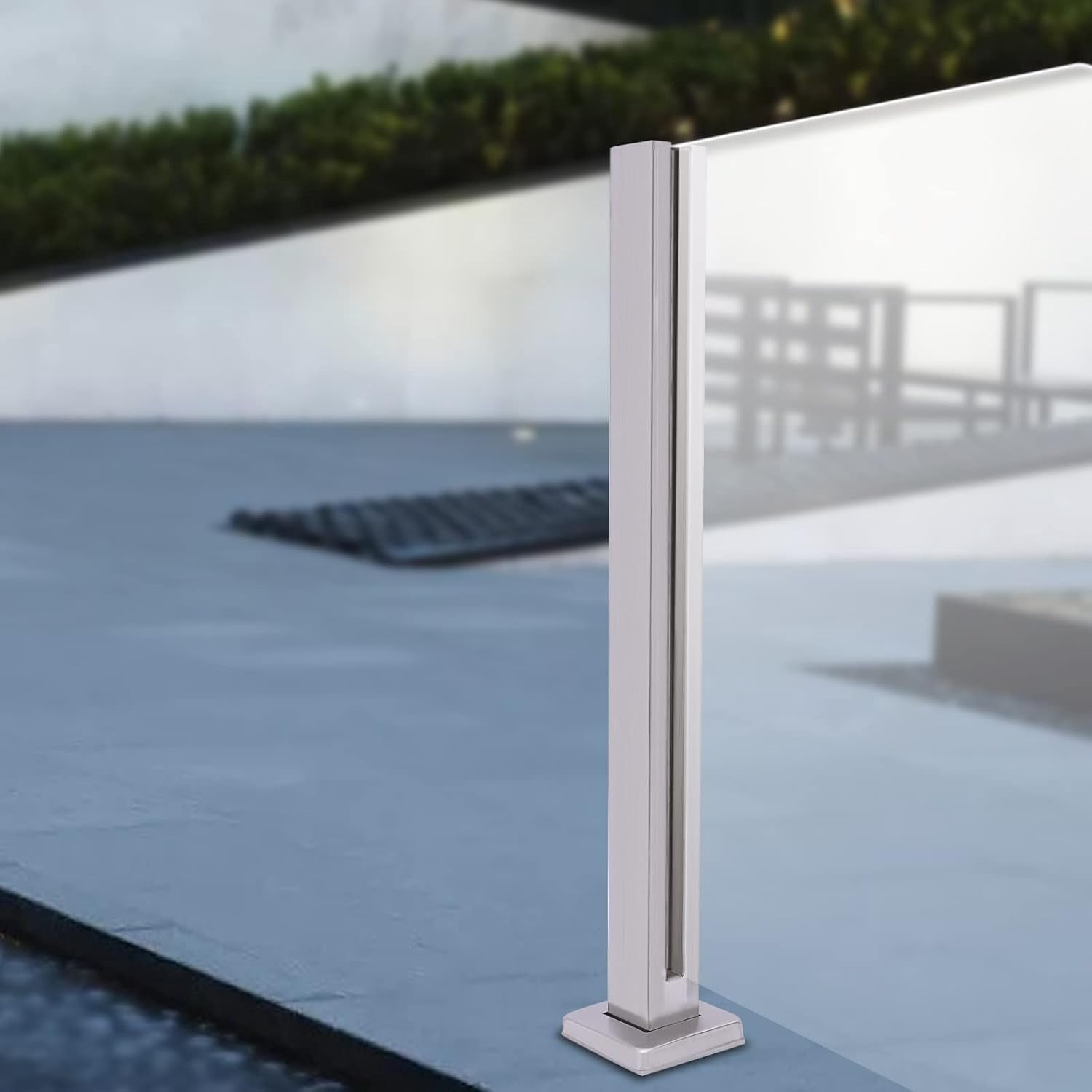 35.8in Silver Glass Railing Post, 304 Stainless Steel Glass Balustrade Post Square Pipe Railing Column w/Spigot Slots,Glass Guardrail Post for Steps, Decks, Cannot Add Handrail(End Post)