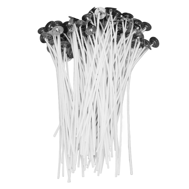 100 mechas de algodón para velas, 15 cm/5,9 pulgadas, cera de soja blanca común con base para hacer velas perfumadas — paquete de 100 mechas blancas enceradas con base metálica, cada una aprox. 15 x 1.3 cm; manojo frontal que muestra cordones lisos y bases redondas plateadas, ideal para velas aromáticas en frascos y como repuesto en velones pequeños.