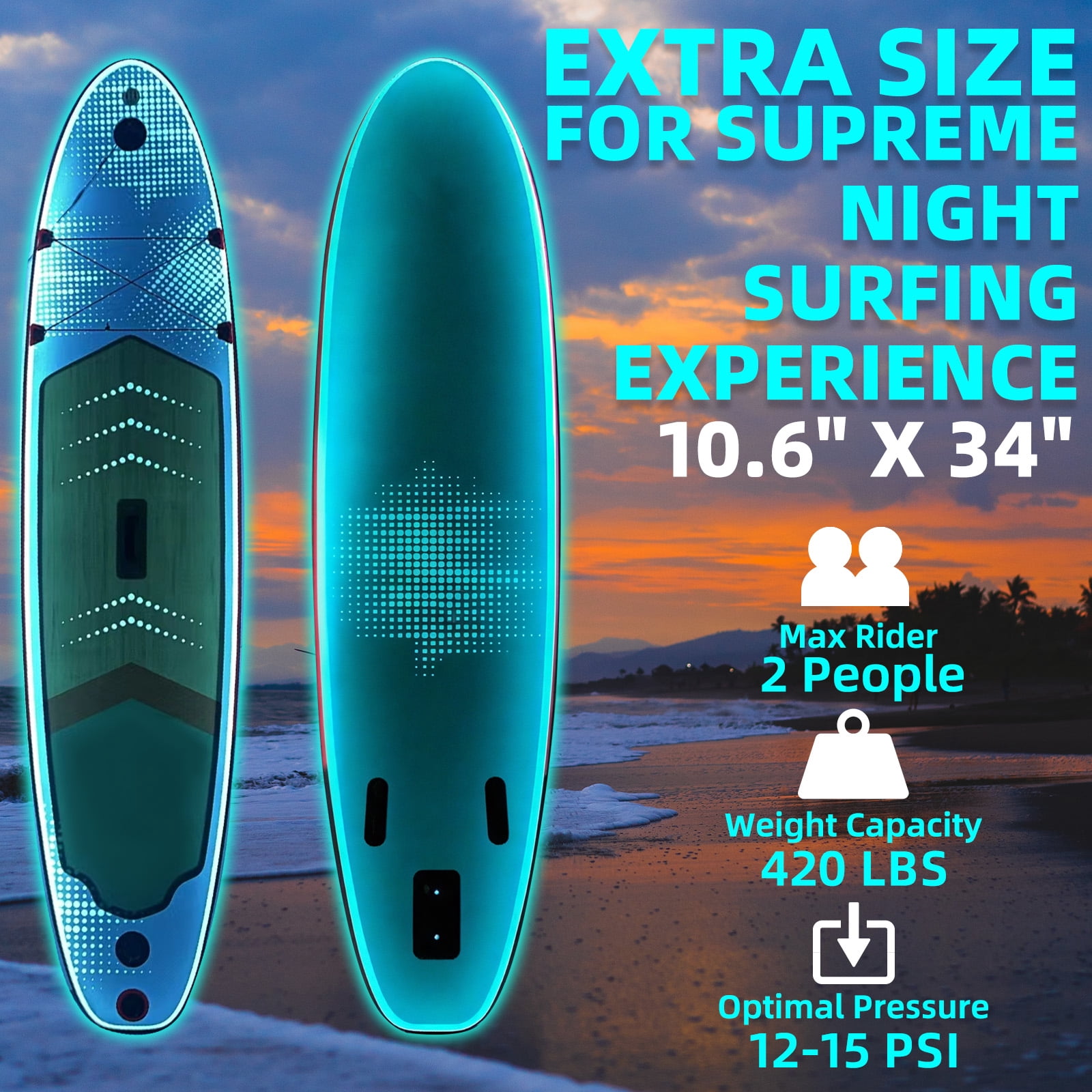 Bezliving 10.6"  LED Inflatable Paddle Board, 7-Color Lighting, Wide Stable Design, Non-Slip Deck, Durable PVC Material for Youth & Adults