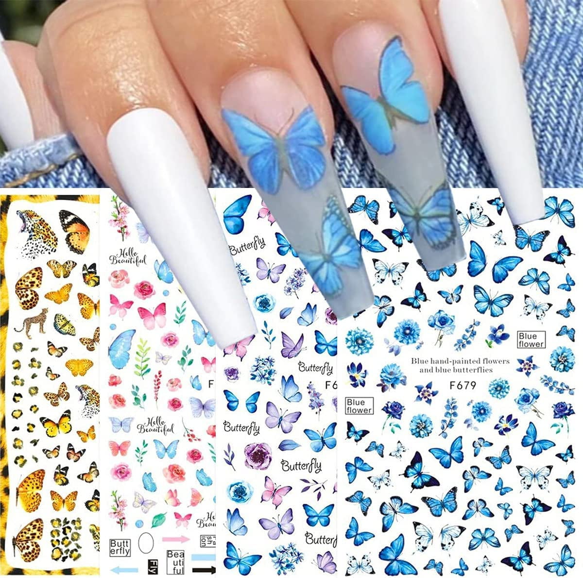 10 Sheets Blue Butterfly Nail Art Stickers Decals JMEOWIO Self Adhesive