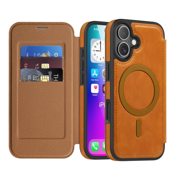 ELEHOLD Magnetic Wallet Case For iPhone 17,  RFID Blocking Luxury PU Leather Full Body Flip Card Slots Shockproof Wallet Cover ,Brown