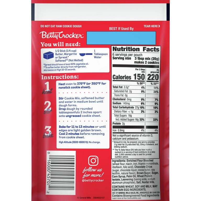 Betty Crocker Chocolate Chip Cookie Mix Makes 12 2 inch Cookies 7.5 oz