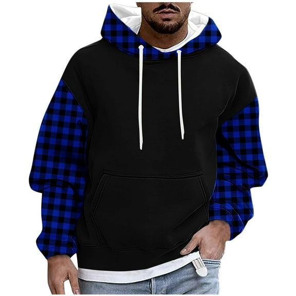 Bibifish Mens Hoodies Color Block Drawstring Hooded Sweatshirts With Plaid Pattern Fall Winter Warm Fleece Lightweight Pullover Tops