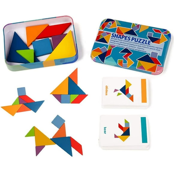 Wooden Pattern Blocks Jigsaw Puzzle Sorting and Stacking Games Montessori Educational Toys for Toddlers Kids Boys Girls Age 3+ Years Old and Classroom (7 Pieces and 60 Cards in Iron Box)