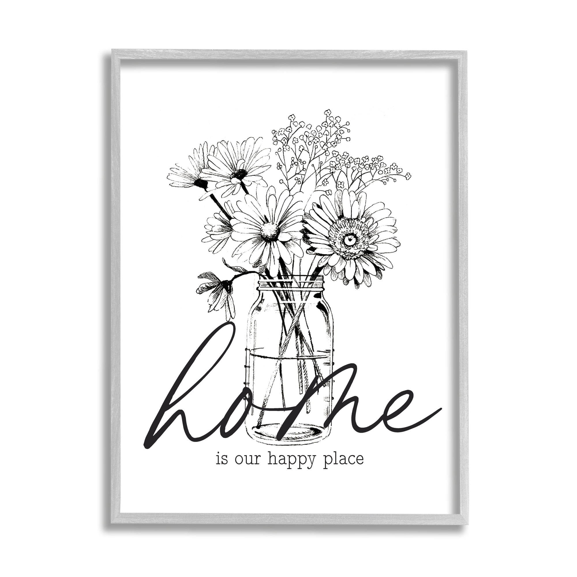 Stupell Industries Home Happy Place Flower Blossoms Jar Bouquet Graphic Art Gray Framed Art Print Wall Art, Design by Lettered and Lined