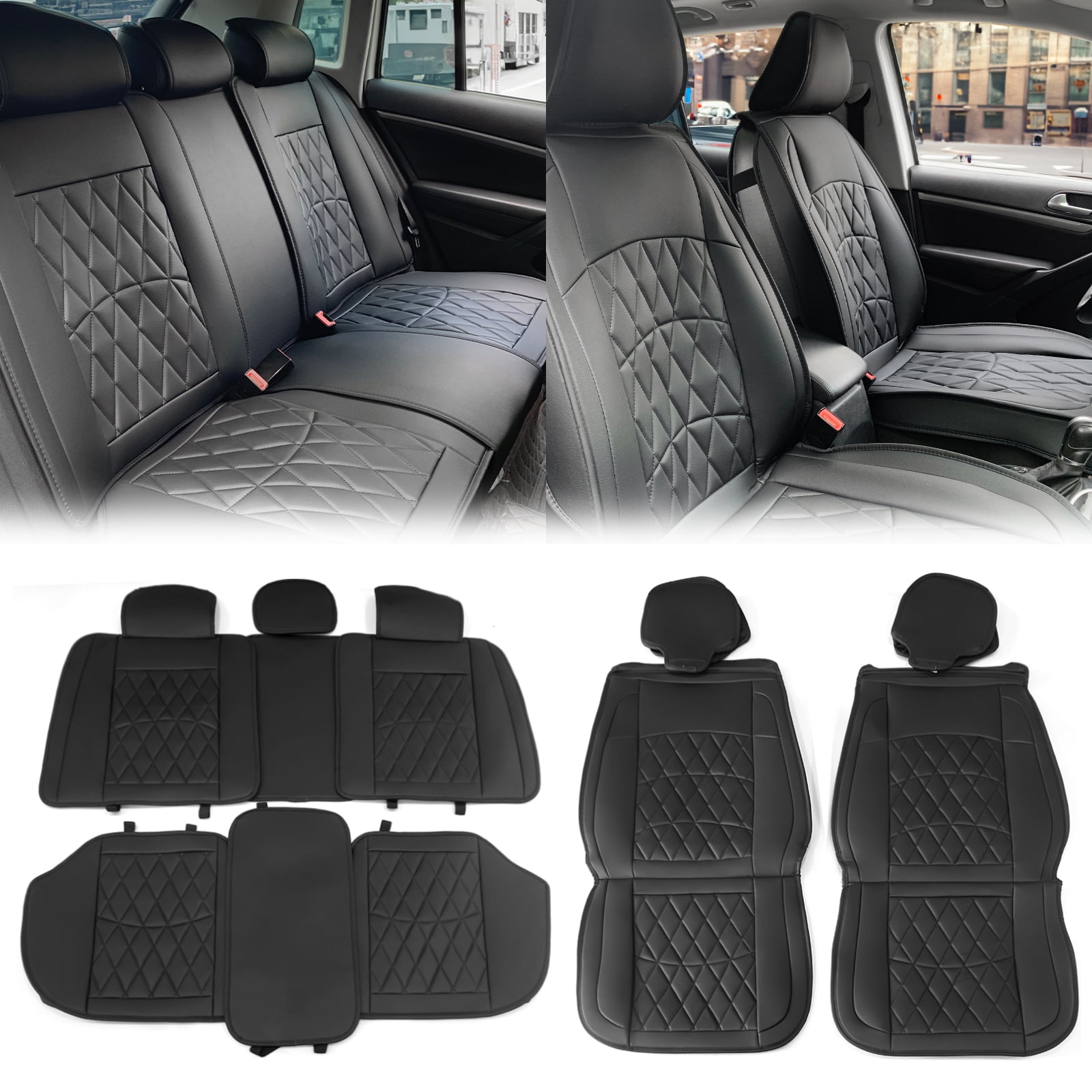 Ikon Motorsports Universal Car Seat Covers 04 Style Black PU Leather Front Second Row Auto Seat Cover Cushion Protectors 5-Seat Full Set