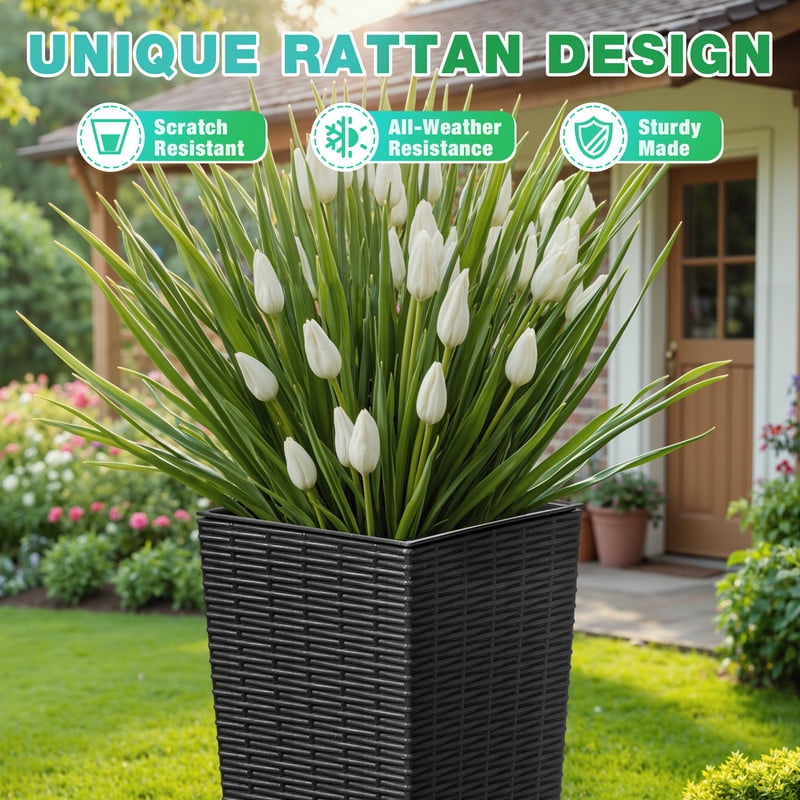 Devoko 24" Tall Planters for Outdoor Plants Set of 2, Woven-Textured Outdoor Plant Pots with Trays for Patio, Front Porch