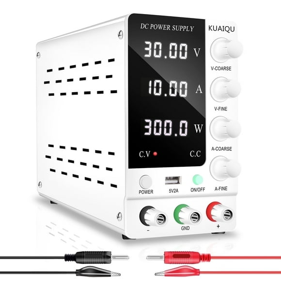 KUAIQU 30V 10A Variable DC Power Supply with 4-Digit LED Display Output Switch USB Output 5V/2A (White)