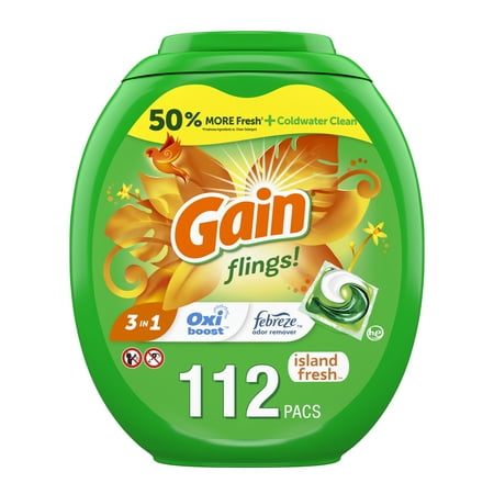 Gain Flings Liquid Laundry Detergent Pacs, Island Fresh Scent, 112 Count, HE Compatible