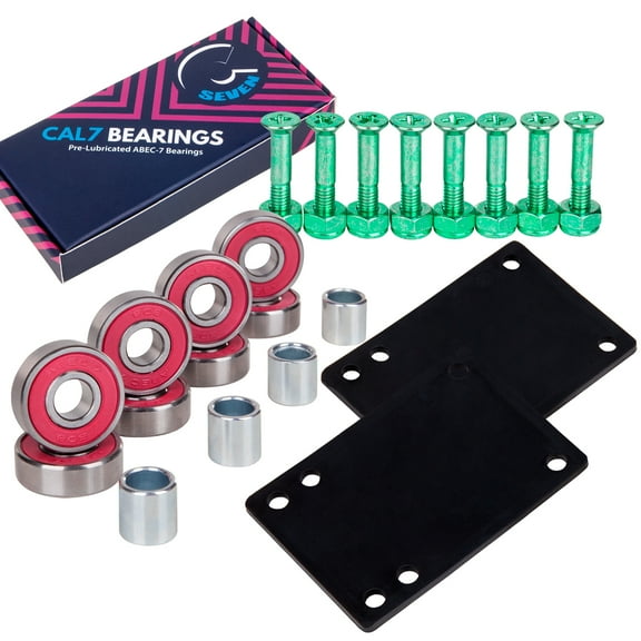 Cal 7 Skateboard Bundle Steel Hardware, Riser Pads, and ABEC-7 Premium Bearings (Chrome Green)