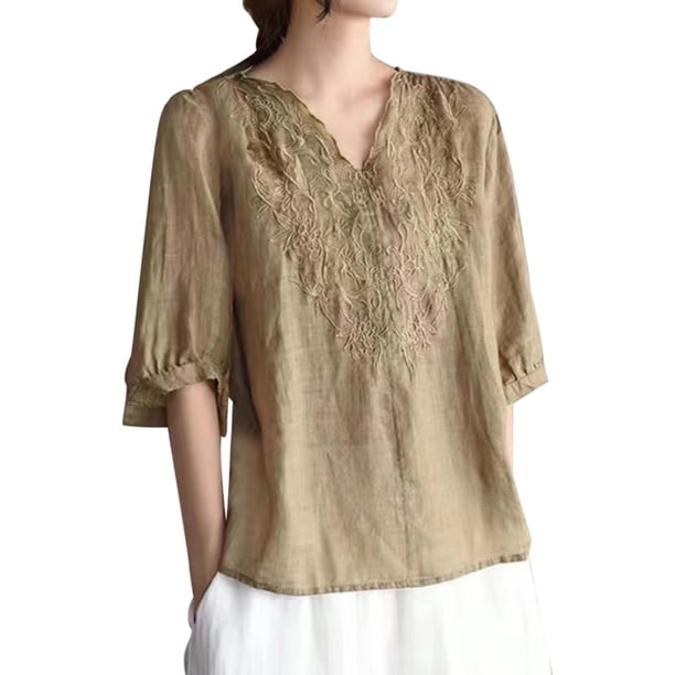 Camisa vintage de lino bordada para mujer: cuello en V holgado, manga 3/4, mezcla transpirable, jersey informal, blusa para todas las estaciones
