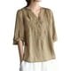 thumbnail image 1 of Camisa vintage de lino bordada para mujer: cuello en V holgado, manga 3/4, mezcla transpirable, jersey informal, blusa para todas las estaciones, 1 of 8