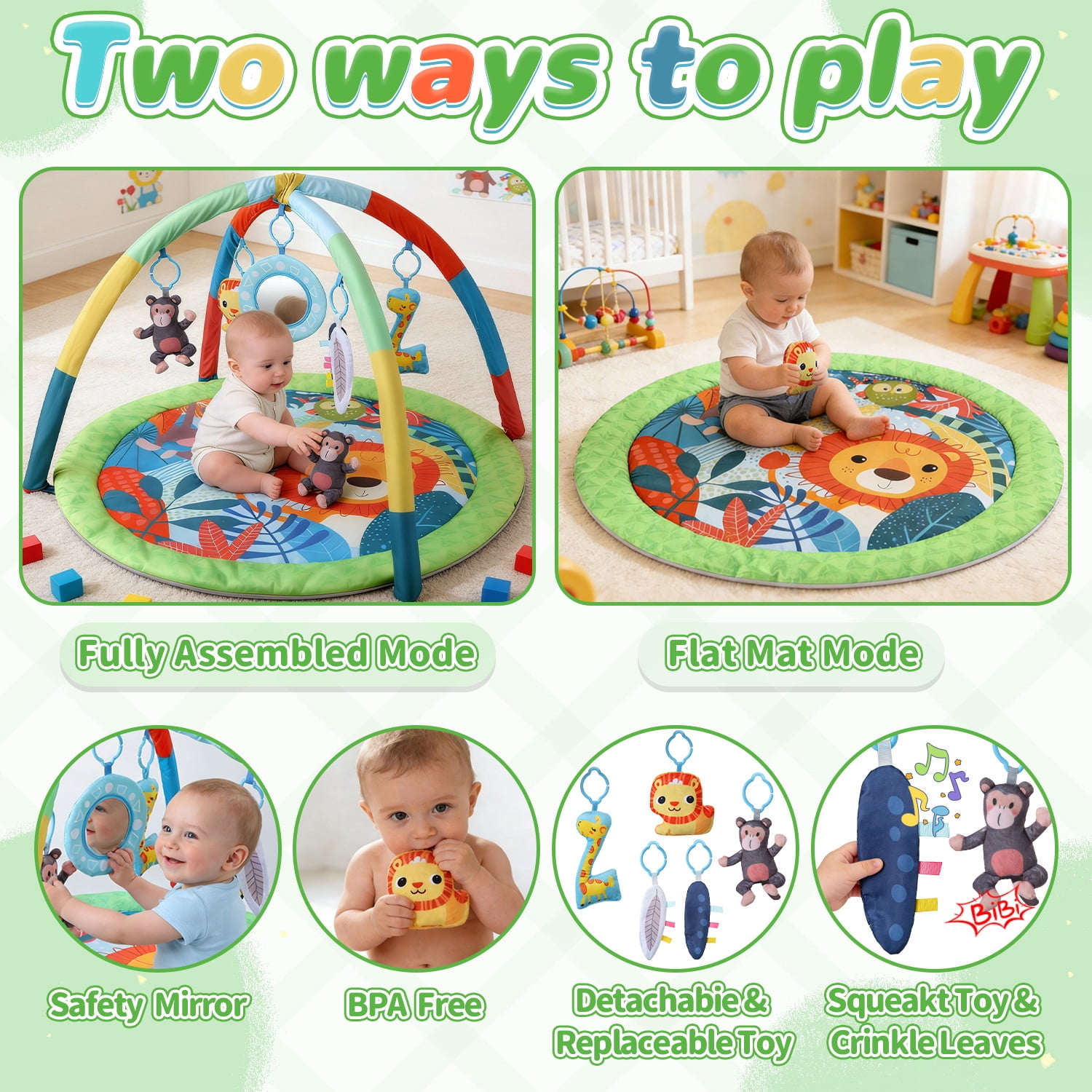 JoyStone Baby Gym Play Mat Activity Mat with 6 Detachable Toys, Round Tummy Time Play Mat for Newborns & Infants 0–12 Months