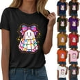 thumbnail image 5 of felwors Halloween women's shirt 2025 cute ghost cotton shirt autumn pumpkin T-shirt round neck pattern T-shirt casual short sleeved top Pink, XXXL, 5 of 8