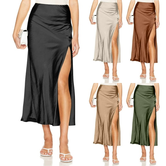 THDHVS Women's Skirts,Skirts for Women Trendy,Women's Solid Color Dance Skirt High Waisted Long Skirt with Slit Beige XL