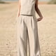 thumbnail image 1 of Conjunto de 2 piezas casual sólido, top sin mangas de cuello redondo y pantalones de pierna ancha de cintura alta, ropa de mujer, 1 of 4