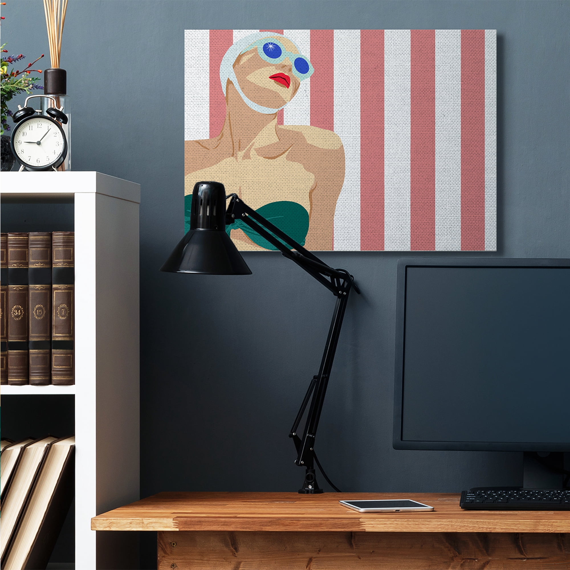 Stupell Industries Pop Vintage Female Swimsuit Bold Red Stripes Canvas Wall Art by Jen Bucheli