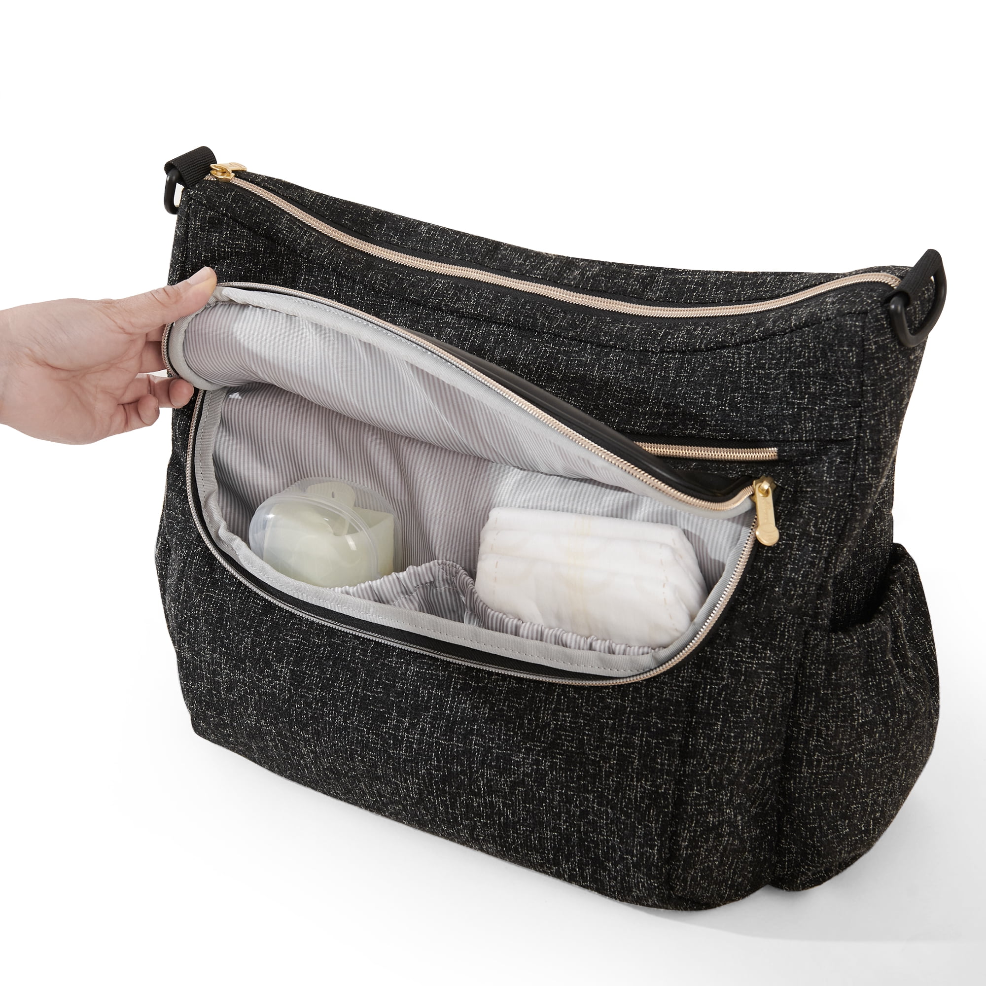 Sunveno Tweed Luxe Stroller Organizer Crossbody Bag Diaper Bag Travel Bag, Black