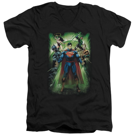 JLA Justice League Power Burst S/S Adult V-Neck 30/1 T-Shirt Black