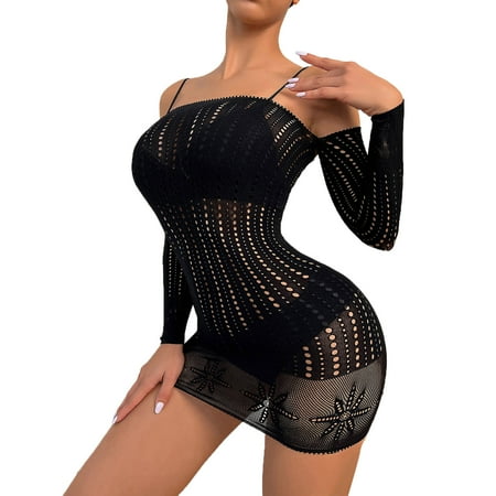 

Zuwimk Lingerie For Women Women s Long Sleeve Bodysuit Snap Crotch Clubwear Lace Bodysuits Tops Black One Size