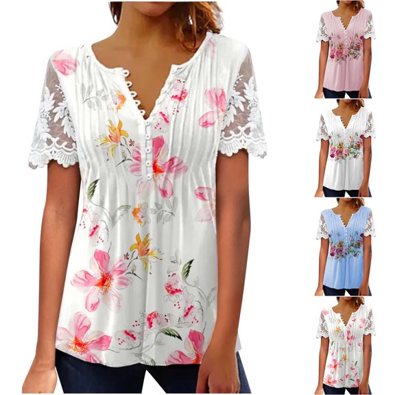 Jacenvly 2024 new ladies plus size tops tunic Loose Women Floral Print T-Shirt Lace Comfortable Female Blouses soft Satiny Ruffle Trim Flouncev neck t shirts summer clothes for women Blue