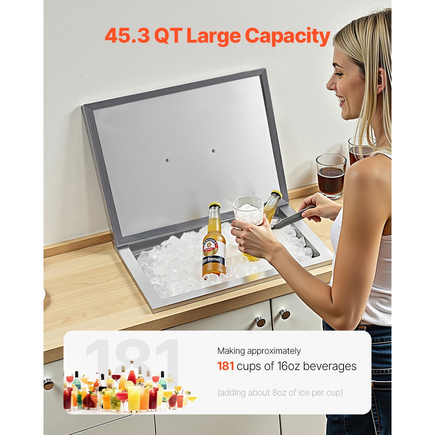 KFFKFF Stainless Steel Drop-In Ice Chest, 22"L x 17"W x 12"H Cooler, 45.3 Quart Capacity with Lid, Ideal for Outdoor Kitchens, Patios, and Bars, Includes Drain Pipe for Chilling Beverages