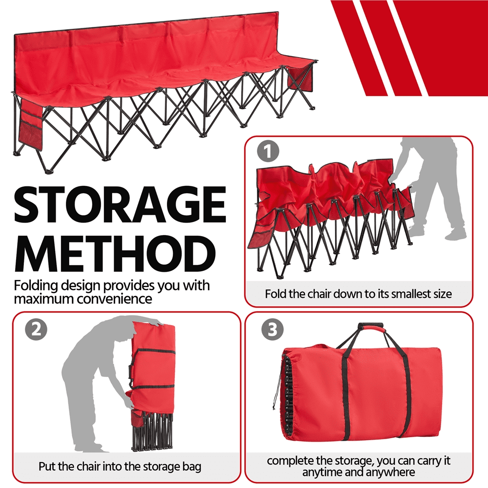 Renwick 6 Seats Portable Folding Bench for Sports Camping, Red