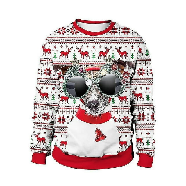 Pull de Noël Hiver Automne Col Rond Chandail en Molleton avec Imprimé Renne Père Noël