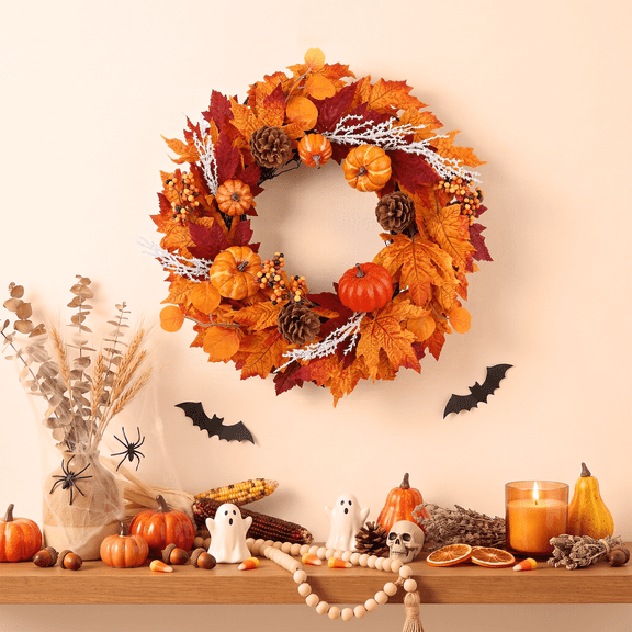 Leyaron Fall Wreath Decorations, 22" Autumn Maple Leaves Wreaths with Pumpkin for Autumn Thanksgiving Party Farmhouse Indoor Outdoor Fireplace Window Wall Fall Decor