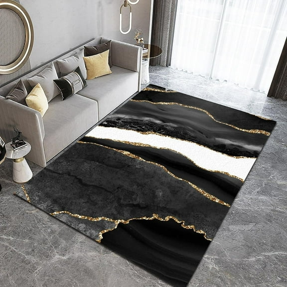 Modern Black Gold And White Art Area Rugs, Luxury Abstract Marble Texture Living Room Carpets, Washable Non-Slip Low Pile Floor Mat For Bedroom Kitchen Entryway Hallway Kitchen 1x2ft
